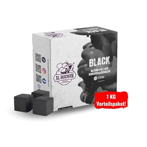 Al Duchan Shisha Kohle Naturkohle – Premium Kokoskohle für Wasserpfeife – 1KG, 4KG, 10KG, 20KG – Hohe Hitze, Lange Brenndauer (Black 28x28x28mm, 1, KG) von Al Duchan