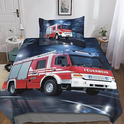 Alacritua Feuerwehrauto Bettbezug-Set Bedrucktes Weiches Mikrofaser-Bettwäsche-Set Für Erwachsene Teenager Kinder 3 Stück Mit Reißverschluss Für Heimtextilien Single（135x200cm） von Alacritua