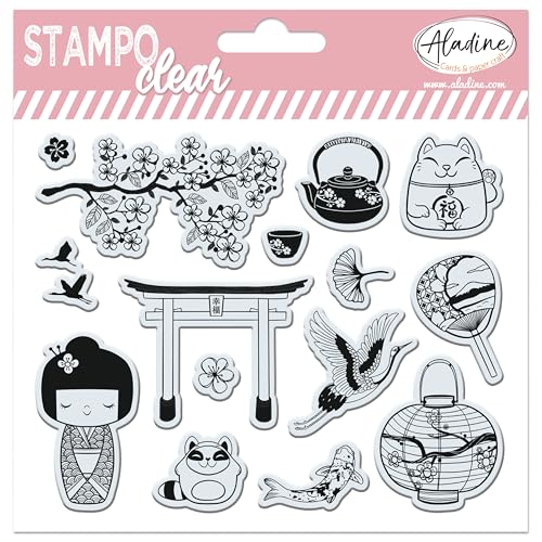 Aladine - Stampo Clear Japan – 15 transparente Stempel für Scrapbooking, Karten, kreative Hobbys – Kirschblüten, Katze Maneki Neko, Koi-Karpfen, asiatisch – 04243 von Aladine