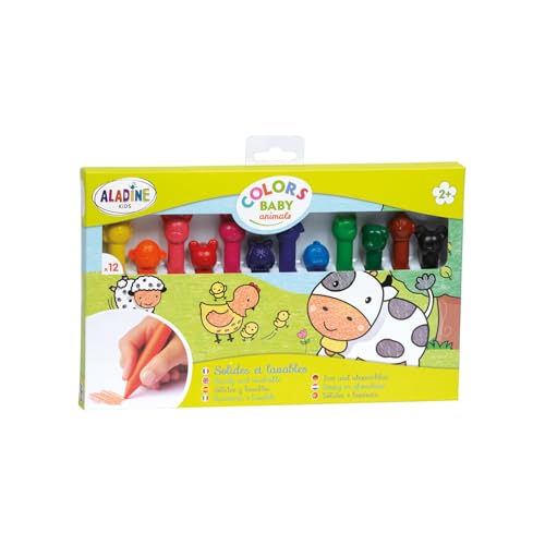Aladine 3042015 Wachsmalstifte mit Tierköpfen, 12 verschiedene Farben und Tiere, für Kinder ab 2 Jahren von Aladine