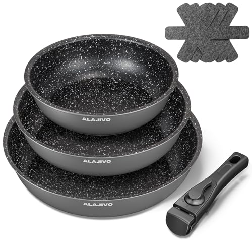 Pfannenset mit Abnehmbarer Griff, Pfanne Induktion, Bratpfanne mit Antihaft beschichtung, 7-Teiliges, 20+24+28 cm Platzsparend Pfannen, Pfannen Set für alle Herdarten, Spülmaschinen, Ofenfest (grau) von Alajivo