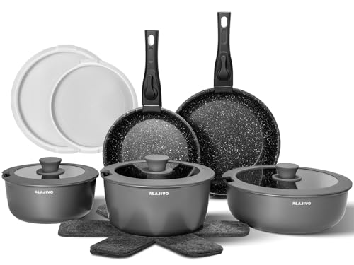 Topfset mit Abnehmbarer Griff, 17-Teilig Topfsets Pfannenset mit Antihaft Beschichtet, Topfset Induktion Kochtopf Set mit Deckel, für Alle Herdarten, Backofenfest, Ofenfest (grau) von Alajivo