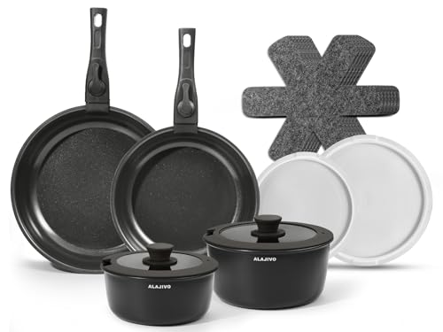 Topfset mit Abnehmbarer Griff, 14-Teilig Topfsets Pfannenset mit Antihaft Beschichtet, Topfset Induktion Kochtopf Set mit Deckel, für Alle Herdarten, Backofenfest, Ofenfest von Alajivo