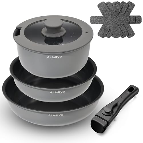 Topfset mit Abnehmbarer Griff, 9-Teilig Topfsets Pfannenset mit Antihaft Beschichtet, Topfset Induktion Kochtopf Set mit Deckel, für Alle Herdarten, Backofenfest, Ofenfest (grau) von Alajivo