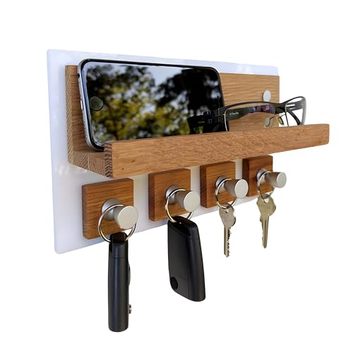 Alakay - Schlüsselbrett | Schlüsselbrett mit Ablage | Hochglanz Weiß| Schlüssel Organizer | Schlüsselbrett Holz Eiche | Schlüsselkasten Holz | Schlüsselhalter | 26x15x8 cm von Alakay