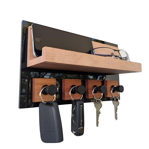 Alakay - Schlüsselbrett | Schlüsselbrett mit Ablage | Hochglanz Schwarz | Schlüssel Organizer | Schlüsselbrett Holz Eiche | Schlüsselkasten Holz | Schlüsselhalter | 26x15x8 cm von Alakay