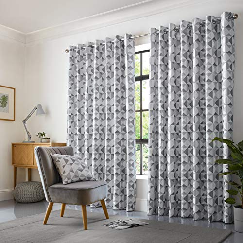 Alan Symonds Geometric Fully Lined Eyelet Curtain Pair Skandi Vorhang mit Ösen, komplett gefüttert, 117 x 137 cm, silberfarben, Silber, 46" x 54" (117x137cm) von Alan Symonds