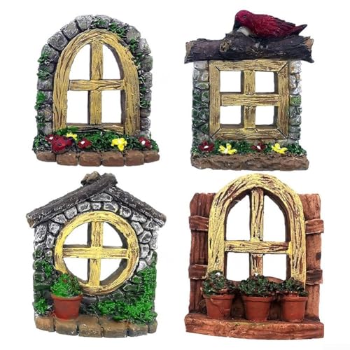 4-teiliges Mini-Tür- und Fenster-Set für bezaubernde Feengärten, fügen Sie einzigartigen Charme zu Ihrer Outdoor-Dekoration hinzu (4 Stück) von Alanmoship