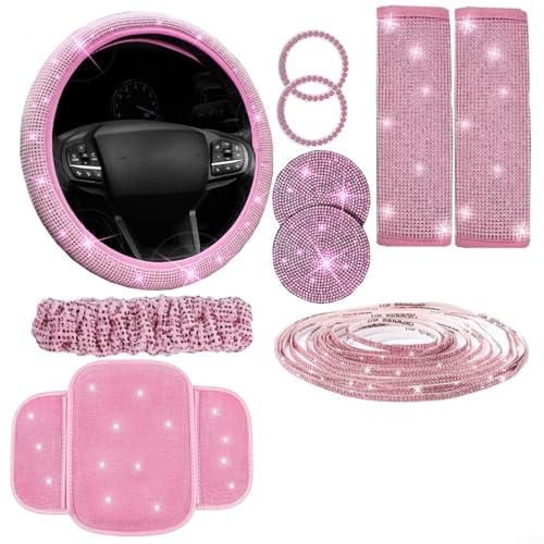 Alanmoship 10-teiliges Auto-Innenzubehör-Set mit Strass-Lenkradabdeckung, Diamant-Handyhalterung, glitzerndem Untersetzer und Zierstreifen in Weiß (Pink) von Alanmoship