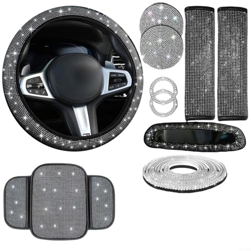 Alanmoship 10-teiliges Auto-Innenzubehör-Set mit Strass-Lenkradabdeckung, Diamant-Handyhalterung, glitzerndem Untersetzer und Zierstreifen in Weiß (weiß) von Alanmoship
