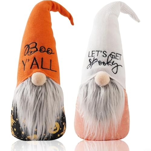 Alanmoship 2-teiliges Halloween-Zwergen-Dekorationsset, gruselige Schreibtisch-Ornamente mit orangefarbenem Boo Y'ALL und weißem Let's Get Spooky Hats festliche Urlaubsdekoration von Alanmoship