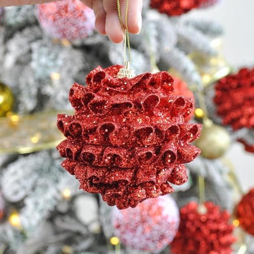 Alanmoship Weihnachtsdekorationsset mit 9 roten Glitzer-Ornamenten und Schleifen-Akzenten, Kunststoffmaterial mit hängenden Schnüren, geeignet für Bäume, Kränze und Tische (1) von Alanmoship