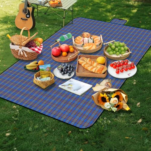 Alaoo Picknickdecke, 150 x 200cm, Beach Picknickdecke wasserdicht, Tragbar Faltbar Strandmatte, Waschbar Picknickdecken für 2-4 für Outdoor, Camping, Strand, Park, Picknick (Blau Streifen) von Alaoo