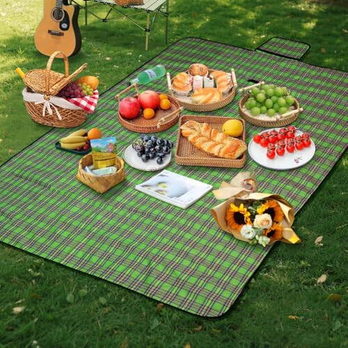 Alaoo Picknickdecke, 150 x 200cm, Beach Picknickdecke wasserdicht, Tragbar Faltbar Strandmatte, Waschbar Picknickdecken für 2-4 für Outdoor, Camping, Strand, Park, Picknick (Grün Streifen) von Alaoo