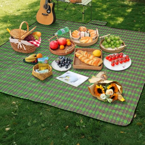 Alaoo Picknickdecke, 200 x 200cm, Beach Picknickdecke wasserdicht, Tragbar Faltbar Groß Strandmatte, Waschbar Picknickdecken für 3-4 für Outdoor, Camping, Strand, Park, Picknick (Grün Streifen) von Alaoo