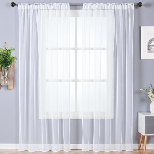 Alaoo Voile Vorhänge, 2er Set Sheer Fensterschal Lichtdurchlässig, Voile Polyester, Transparent Wohnzimmer Luftig Dekoschal für Wohnzimmer Schlafzimmer 142 X 120 cm (B x H), Stangendurchzug, Weiß von Alaoo