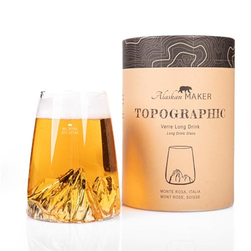 Alaskan MAKER Langes Glas 450 ml – Hochwertiges Kristallglas, mundgeblasen, mit geprägten Bergen | Cocktail, Bier oder Soft TOPOGRAPHIC (Monte Rosa) von Alaskan MAKER