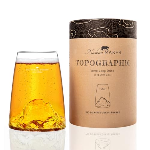 Alaskan MAKER Langes Glas 450 ml – Hochwertiges Kristallglas, mundgeblasen, mit geprägten Bergen | Cocktail, Bier oder Soft TOPOGRAPHIC (Pic du Midi) von Alaskan MAKER