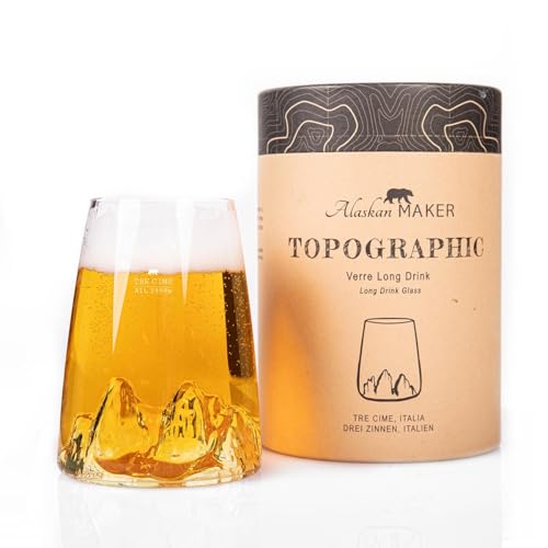 Alaskan MAKER Langes Glas 450 ml – Borosilikat, hochwertig, mundgeblasen, mit geprägten Bergen | Cocktail, Bier oder Soft TOPOGRAPHIC (Tre Cime di Lavaredo) von Alaskan MAKER
