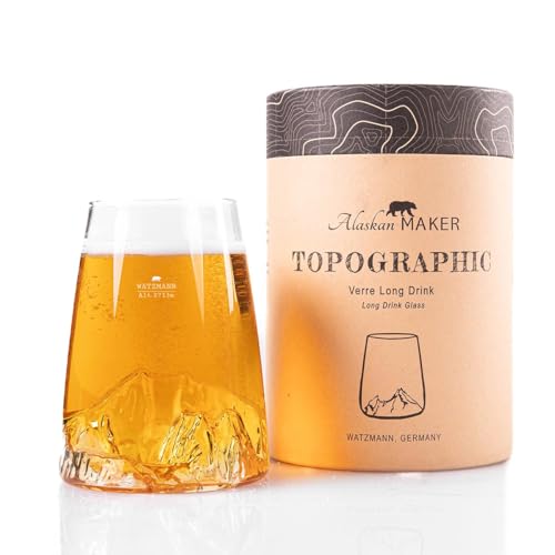 Alaskan MAKER Langes Glas 450 ml – hochwertiges Borosilikat, mundgeblasen, mit geprägten Bergen | Cocktail, Bier oder Soft TOPOGRAPHIC (Watzmann) von Alaskan MAKER