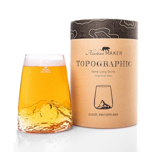 Alaskan MAKER Longdrinkglas 450 ml – Kristallglas von höchster Qualität, mundgeblasen mit Bergrelief | Cocktail, Bier oder alkoholfreies Getränk TOPOGRAPHIC (Eiger) von Alaskan MAKER