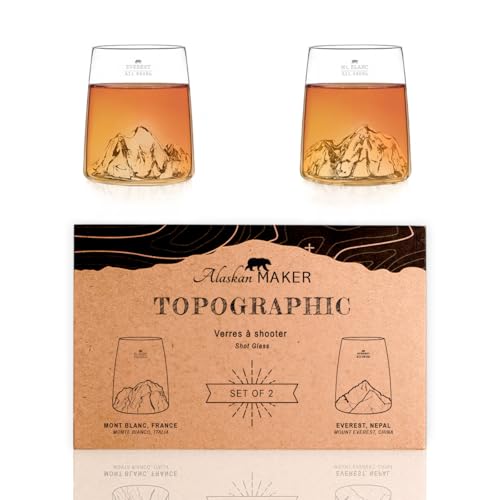 Alaskan MAKER Set mit 2 Schnapsgläsern, 6,5 cl – Kristalline Gläser von hoher Qualität, mundgeblasen, mit geprägten Bergen | Tulpenform | TOPOGRAPHIC (Everest & Mont Blanc) von Alaskan MAKER