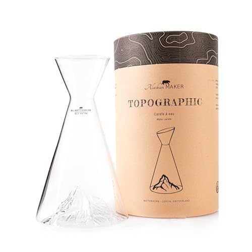 Wasserkaraffe 1 Liter | Handgefertigtes Kristallglas mundgeblasen mit geprägten Bergen | TOPOGRAPHIC (Mont Matterhorn) von Alaskan MAKER