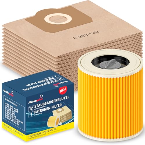 Alaskaprint 12 Staubsaugerbeutel + 1 Filter geeignet für Kärcher WD3 und MV3 Staubsauger, Ersatz für Patronenfilter 6.414-552.0 und Filtertüten 6.959-130.0 von Alaskaprint