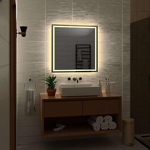 Alasta Atlanta Badezimmer Spiegel mit Beleuchtung 80x80 cm WarmWeiß LED Badspiegel Wandspiegel Badezimmerspiegel mit Beleuchtung Spiegel mit Licht Rechteckspiegel von Alasta
