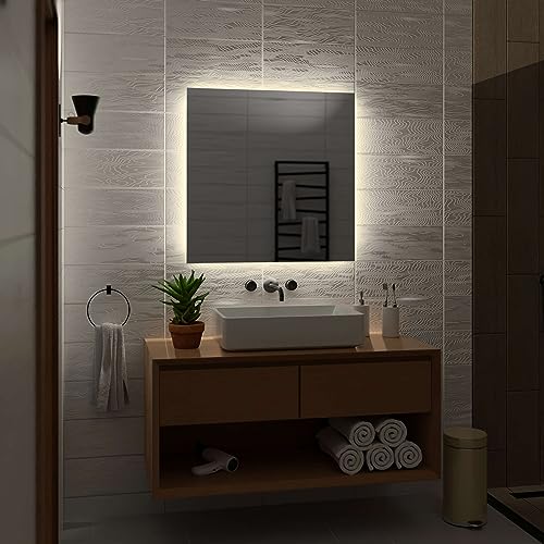 Alasta Dubai Badezimmer Spiegel mit Beleuchtung 90x90 cm NeutralWeiß LED Badspiegel Wandspiegel Badezimmerspiegel mit Beleuchtung Spiegel mit Licht Rechteckspiegel von Alasta