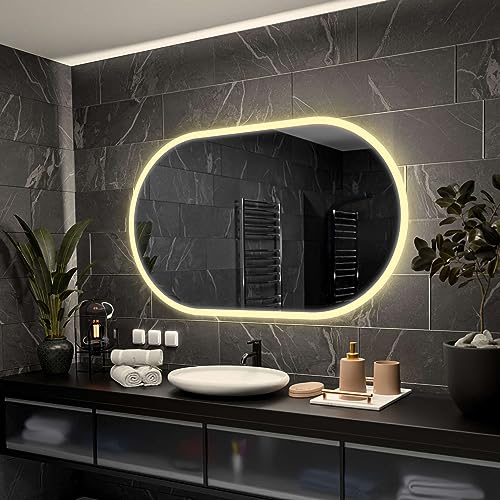 Alasta Hamburg Spiegel Gerundet mit Licht 110x60 cm WarmWeiß Badezimmer Spiegel mit Beleuchtung LED Badspiegel Wandspiegel Badezimmerspiegel mit Beleuchtung von Alasta