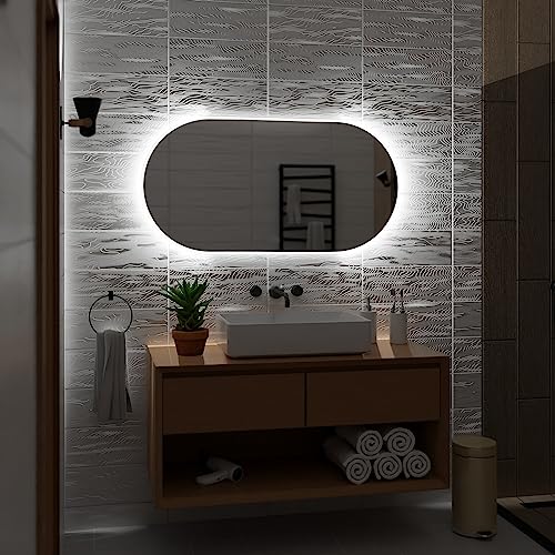 Alasta Spiegel | Hamburg Badspiegel 120x80cm mit LED Beleuchtung | LED Farbe Weiß Kalt | Beleuchtet Badezimmerspiegel von Alasta