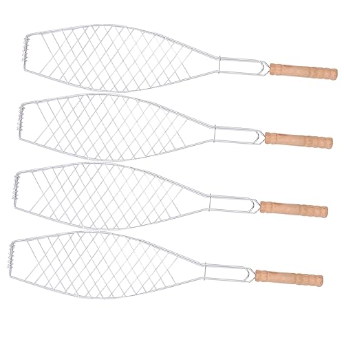 Alasum 4 Stück Fischgrillzange mit Holzgriff Antihaft BBQ Clip für Outdoor Grillen für Camping und Picknick Robustes Netzgerät zum Grillen von und Gemüse von Alasum