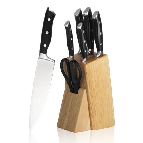 Alata 7-Teilig Messerblock Sets, Kochmesser Brotmesser Schneidemesser Universalmesser Schälmesser Multifunktions Küchenschere und Messerblock, Ergonomischer Griff von Alata