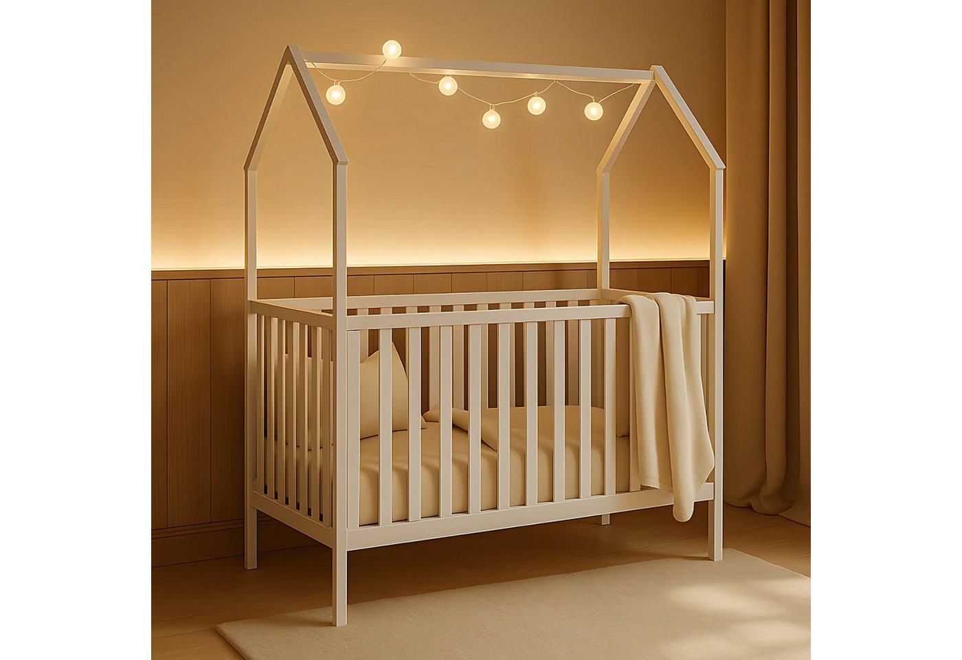 Alavya Home® Babybett ELLA 70x140 cm aus Massivholz Kiefer Weiß – Höhenverstellbar, Hausoptik, mit Schlupfsprossen & optionaler Schublade und Matratze von Alavya Home®