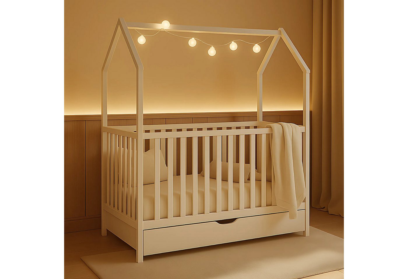 Alavya Home® Babybett ELLA 70x140 cm aus Massivholz Kiefer Weiß – Höhenverstellbar, Hausoptik, mit Schlupfsprossen & optionaler Schublade und Matratze von Alavya Home®