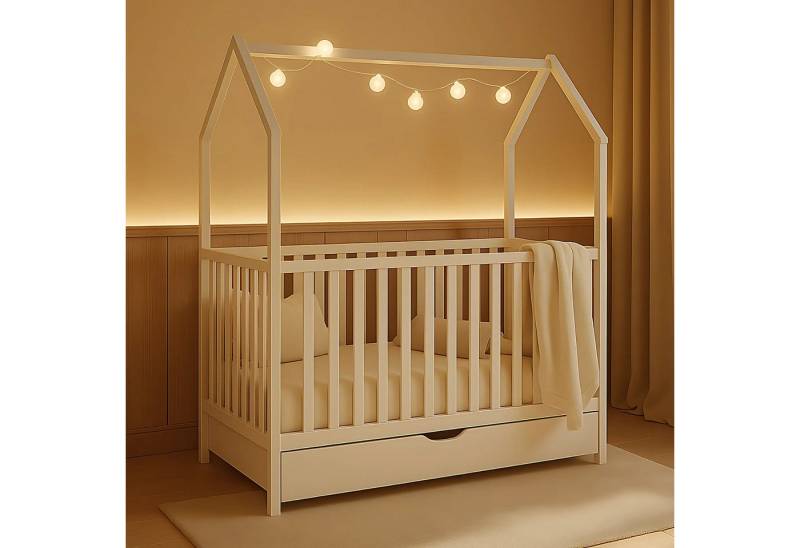 Alavya Home® Babybett ELLA 70x140 cm aus Massivholz Kiefer Weiß – Höhenverstellbar, Hausoptik, mit Schlupfsprossen & optionaler Schublade und Matratze von Alavya Home®