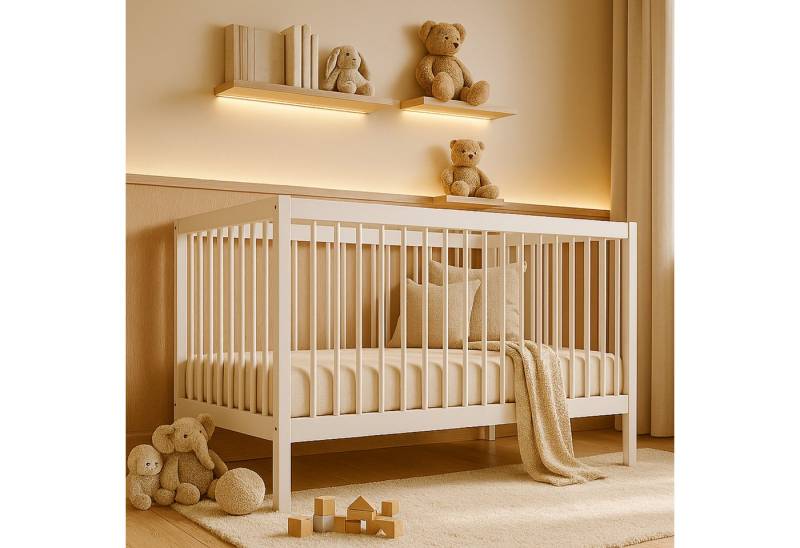 Alavya Home® Babybett TOBI I Das Beste für Kleine Babys I 9-fach höhenverstellbarer EN 716-1, Babybett 70x140 mit Matratze Gitterbett Baby Bett Weiß aus Buchenholz von Alavya Home®