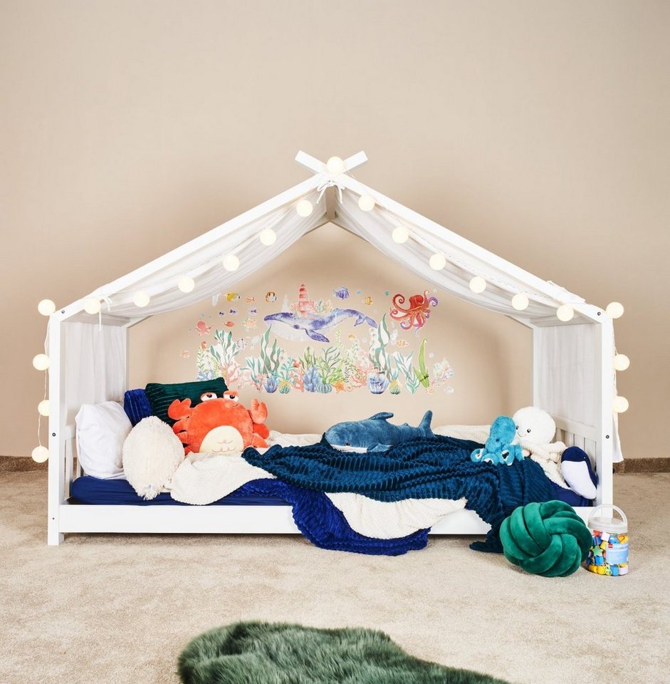 Alavya Home® Betthimmel 3 tgl. Betthimmel Moon Deko-Set 110x360 cm (Hausbett Kinderbett Baldachin Montessori), Musselin Bio-Baumwolle 100% GOTS-zertifizierter - 2x LED-Lichterkette von Alavya Home®