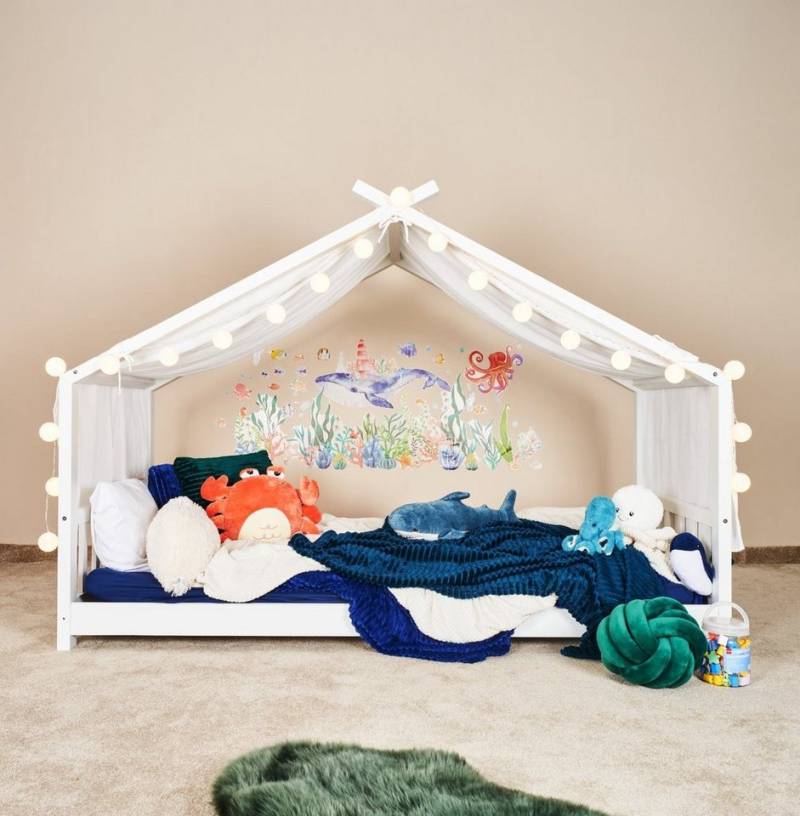 Alavya Home® Betthimmel 3 tgl. Betthimmel Moon Deko-Set 110x360 cm (Hausbett Kinderbett Baldachin Montessori), Musselin Bio-Baumwolle 100% GOTS-zertifizierter - 2x LED-Lichterkette von Alavya Home®