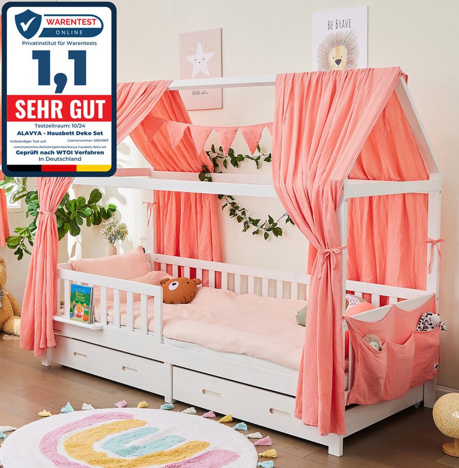 Alavya Home® Betthimmel Dekoset für Hausbett CLOUD 80x160, 90x200 – OTTOs Choice, Topseller (KOMPLETT SET I 2 Stück Betthimmel I 1 Stück Wimpelkette 300cm cm lang mit 9 Stück Wimpeln, 3-tlg), Dekoset aus 100% Bio-Musselin Baumwolle GOTS zertifiziert, 125x350 cm von Alavya Home®