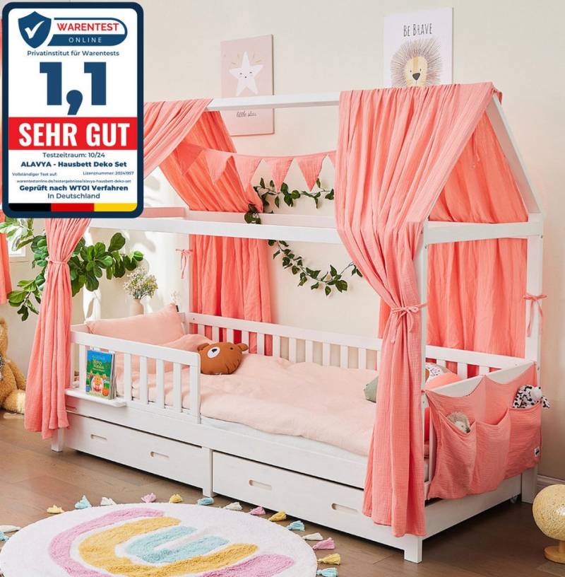 Alavya Home® Betthimmel Dekoset für Hausbett CLOUD 80x160, 90x200 – OTTOs Choice, Topseller (KOMPLETT SET I 2 Stück Betthimmel I 1 Stück Wimpelkette 300cm cm lang mit 9 Stück Wimpeln, 3-tlg), Dekoset aus 100% Bio-Musselin Baumwolle GOTS zertifiziert, 125x350 cm von Alavya Home®