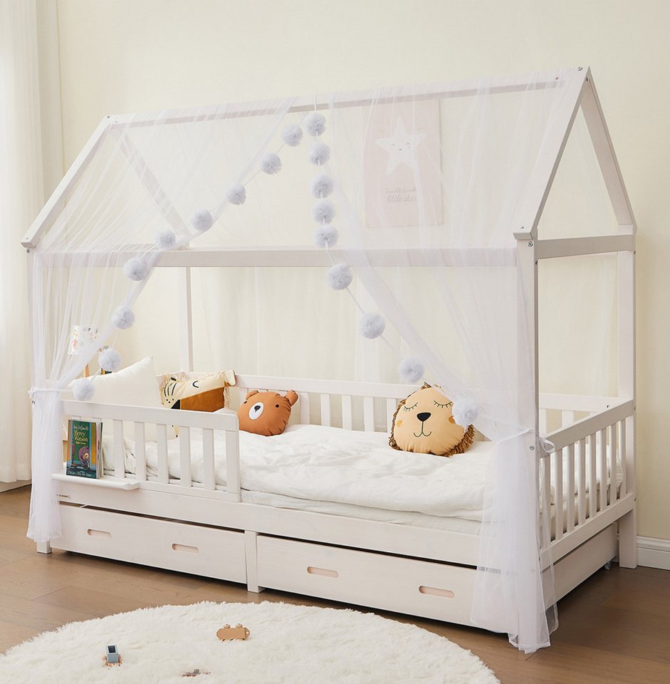 Alavya Home® Betthimmel Der Luxus DEKO SET für HAUSBETT 80x160 I 90x200 (3-tlg SET 2 x Betthimmel Länge: 340 cm, Breite: 150 cm und 1 x Groß Pompomkette), Exklusives Dekoset aus 100% Polyester GOTS zertifiziert für Kinder von Alavya Home®
