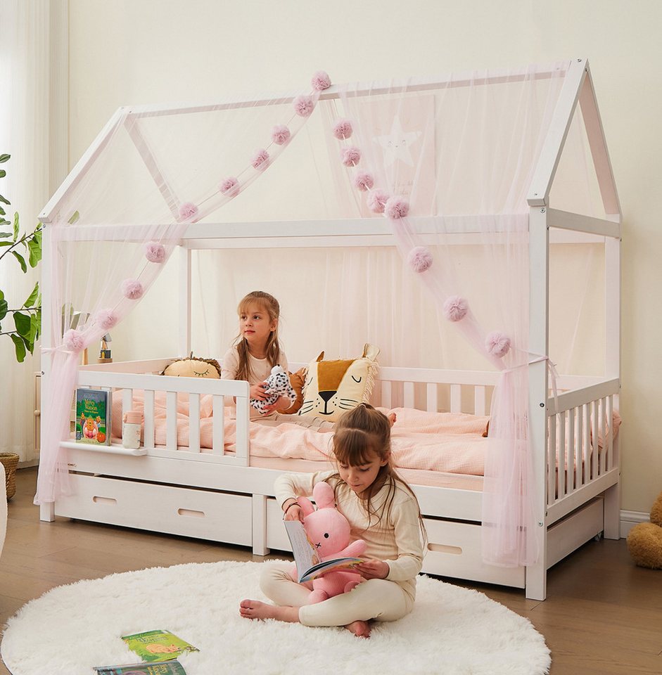 Alavya Home® Betthimmel Der Luxus DEKO SET für HAUSBETT 80x160 I 90x200 (3-tlg SET 2 x Betthimmel Länge: 340 cm, Breite: 150 cm und 1 x Groß Pompomkette), Exklusives Dekoset aus 100% Polyester GOTS zertifiziert für Kinder von Alavya Home®