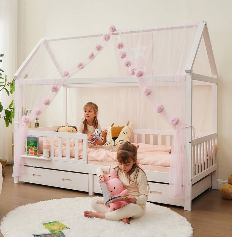 Alavya Home® Betthimmel Der Luxus DEKO SET für HAUSBETT 80x160 I 90x200 (3-tlg SET 2 x Betthimmel Länge: 340 cm, Breite: 150 cm und 1 x Groß Pompomkette), Exklusives Dekoset aus 100% Polyester GOTS zertifiziert für Kinder von Alavya Home®