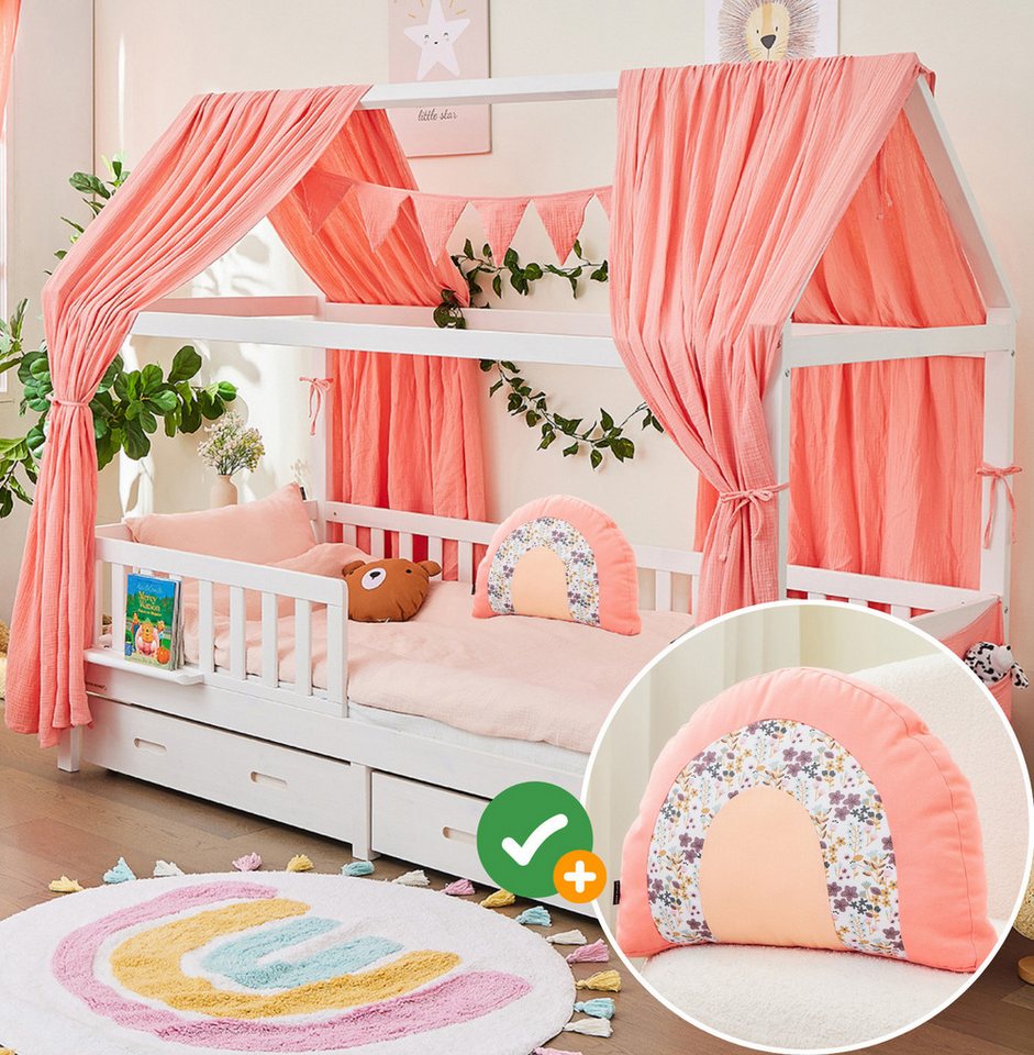 Alavya Home® Betthimmel Der Luxus DEKO SET für HAUSBETT 80x160 I 90x200 mit Kissen (4-tlg SET 2 x Betthimmel Länge: 350 cm, Breite: 125 cm und 1 x Wimpellkette: Länge: 300cm 1 x Kissen), Exklusives Dekoset aus 100% Bio-Baumwolle GOTS zertifiziert für Kinder von Alavya Home®