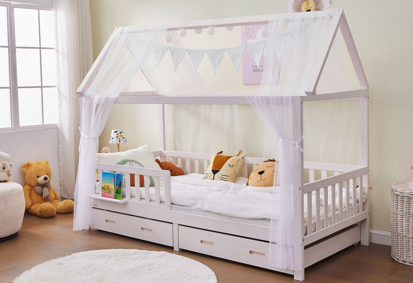 Alavya Home® Betthimmel HAUSBETT DEKO SET für Kinderbett 80x160 I 90x200 I Befristetes Angebot (KOMPLETT SET), Himmelbett Kinderbett Mädchenbett Dekoset 4 teilig für Kinderzimmer von Alavya Home®