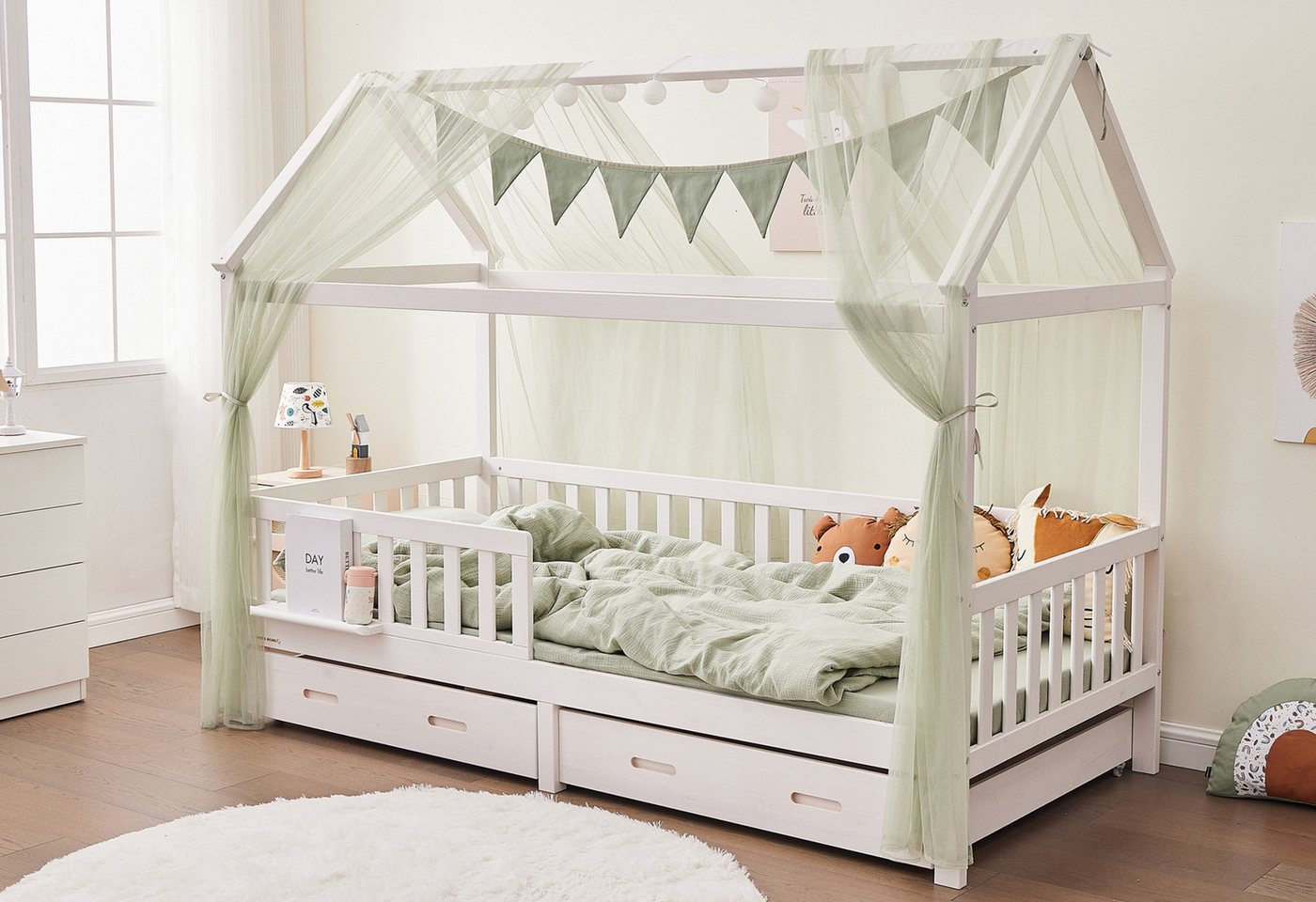 Alavya Home® Betthimmel HAUSBETT DEKO SET für Kinderbett 80x160 I 90x200 I Befristetes Angebot (KOMPLETT SET), Himmelbett Kinderbett Mädchenbett Dekoset 4 teilig für Kinderzimmer von Alavya Home®