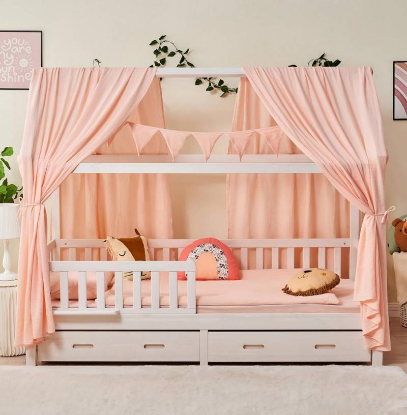 Alavya Home® Hausbett CLOUD aus Buche FSC® 100% zertifiziert KOMPLETT SET mit Musselin DEKO (Kinderbett 90x200 cm mit Schubladen I KOMPLETT Set - inkl. 100% Bio-Musselin Baumwolle Deko und Matratze I GOTS zertifiziert, Massivholzbett mit Rausfallschutz und Lattenrost I Jugendbett Liegefläche 200x90 cm), FSC zertifizierter aus massivem Buchenholz von Alavya Home®