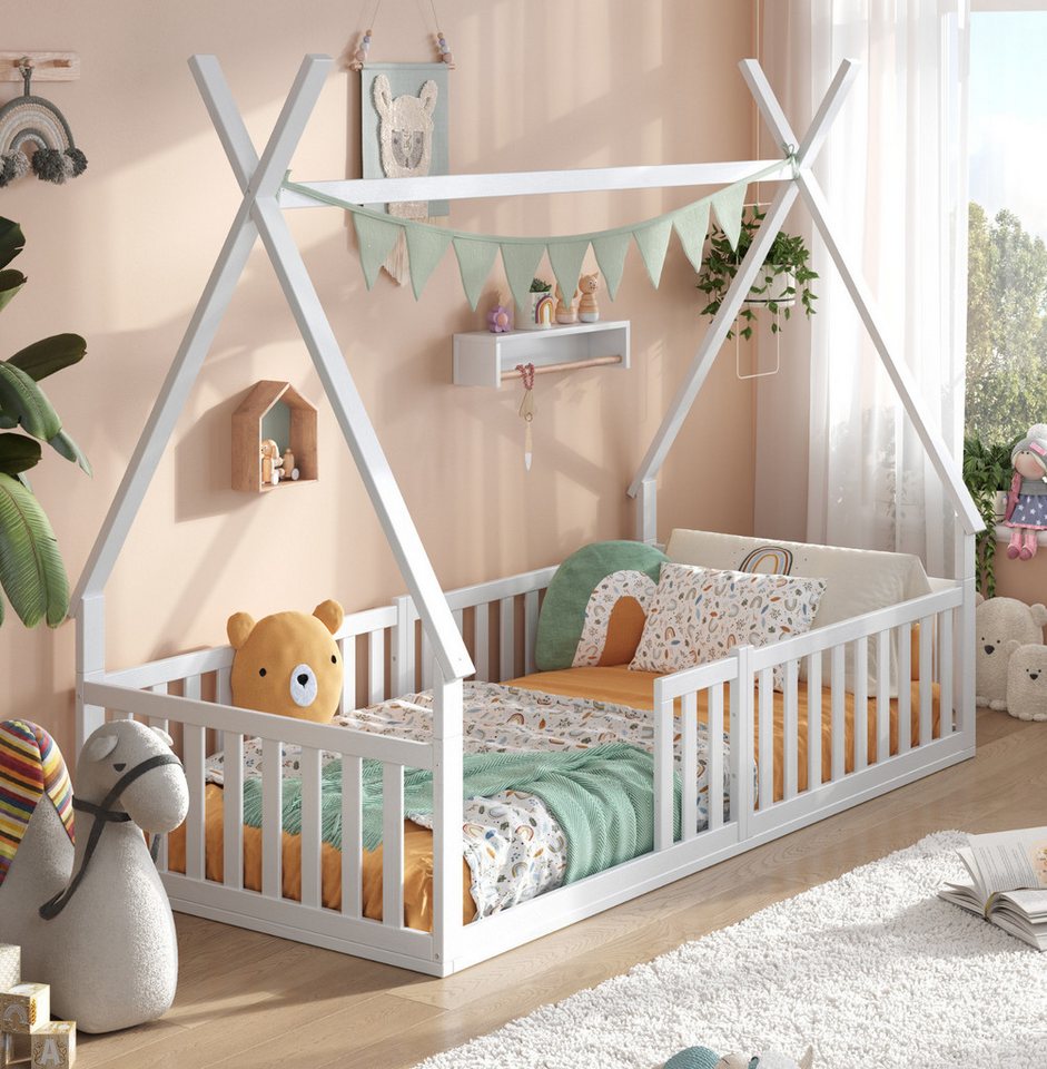 Alavya Home® Hausbett Bodenbett SKY aus Buche – FSC® 100% zertifiziert (Exklusives Beech Wood Bett – Top-Preis!, Hausbett 80x160 cm mit Rausfallschutz & Lattenrost Kinderbett 80x160), bodentiefes Jugendbett weiß massiv BUCHE für Junge Mädchen von Alavya Home®